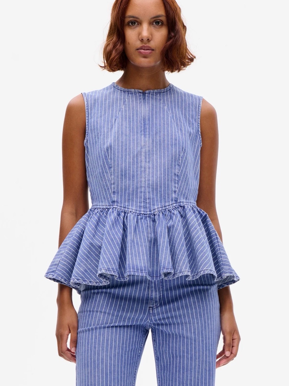 Baum und Pferdgarten Blue Pinstripe Sleeveless Peplum Top NWT